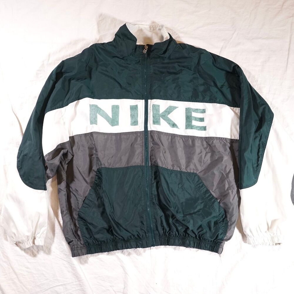 Nike Nylon Jacket 90s Silver Tag XL Green Parachute Colorblock Windbreaker RARE